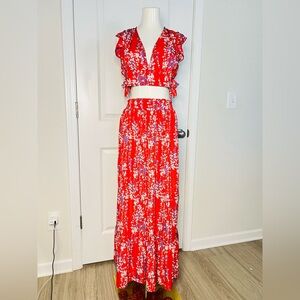 Red Ruffle Crop Top & Maxi Skirt Bohemian Set for Women, 2 Piece Outfit